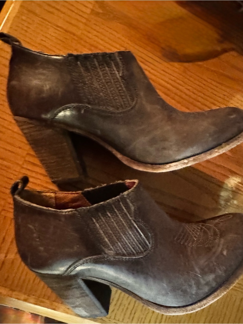 Frye Dark Brown Leather Ankle Booties with Stacked Heel